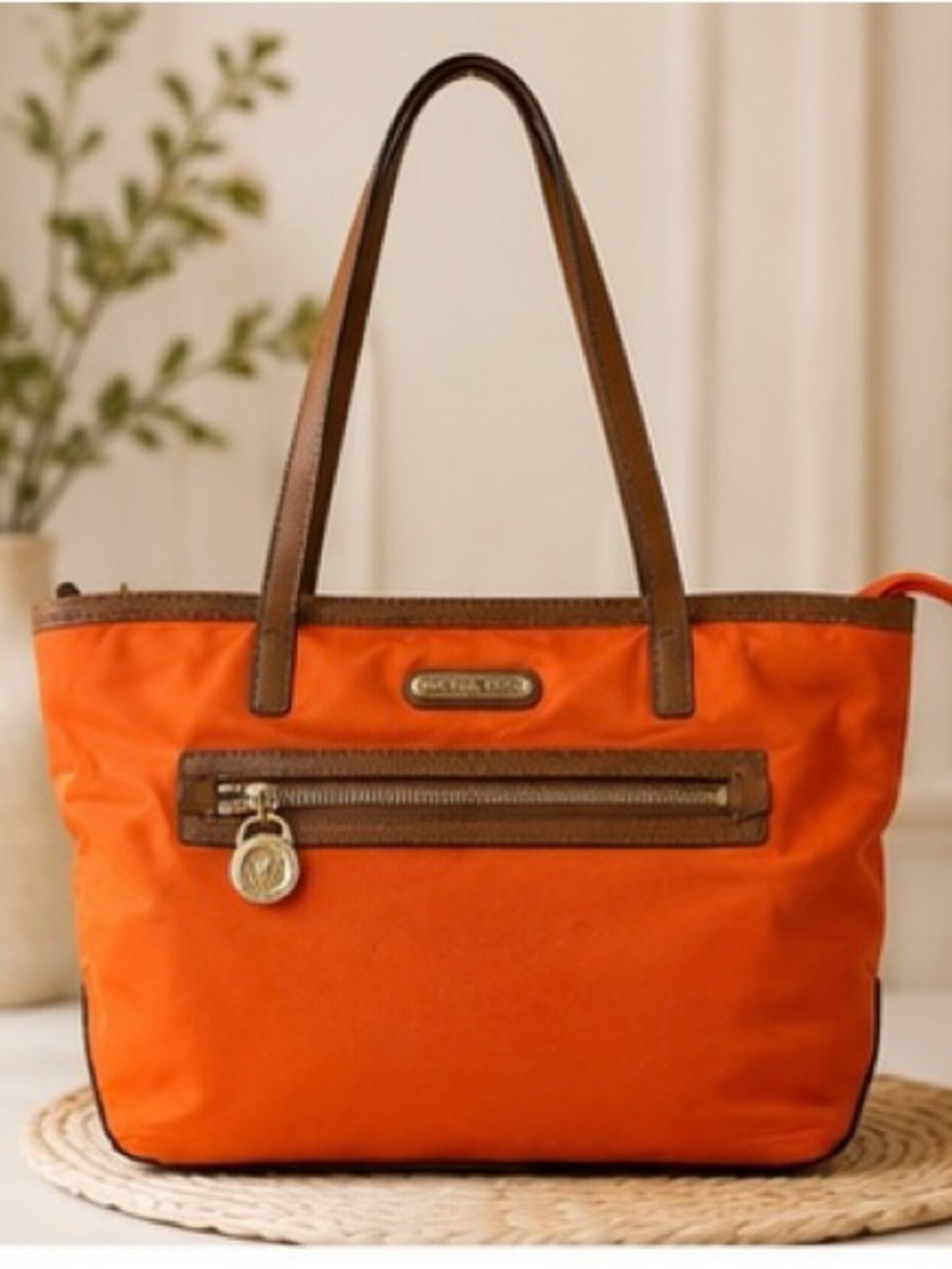 Michael Kors Orange Nylon Tote Bag | Leather Trim | Gold Hardware